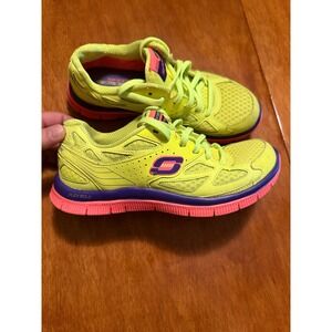 Skechers Flex Sole Memory Foam Neon Yellow Purple Pink Sneakers 11726 
Women 6.5